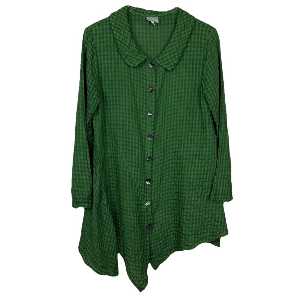 Niche Nilgun Derman Tunic Top Blouse XS Textured Button Green‎ Lagenlook Artsy
